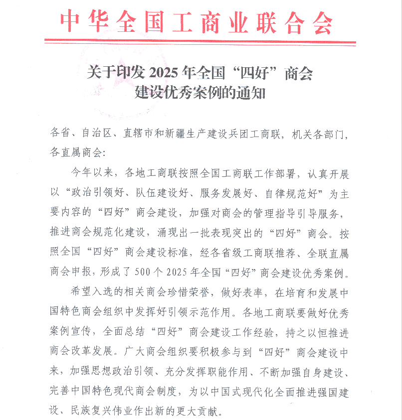 喜报：我会获评“2025 年全国“四好”商会建设优秀案例”