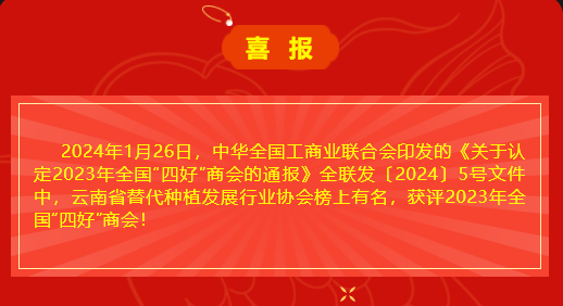 喜报 | 云南省替代种植发展行业协会被认定为2023年全国“四好”商会
